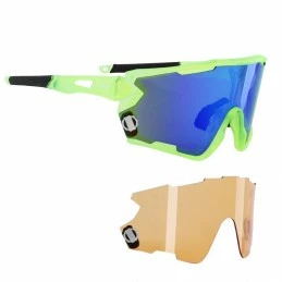 Marque Lunettes Velo Adulte Newton Nagas Monture Jaune Fluo 2 Verres Interchangeables Solaire Bleu Et Eclairant Orange